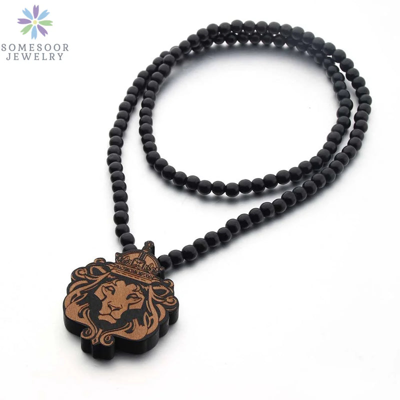 SOMESOOR Africa Map Wood Beads String Necklace Afro Lion Peace Symbol Power Fist Pendant Hip Hop Jewelry For Men Women Gifts