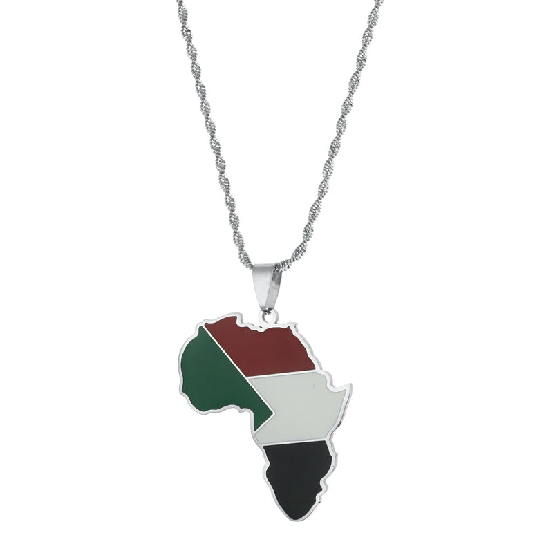 African Original Sudan Flag Pendant Necklaces Stainless Steel Africa Map Jewelry