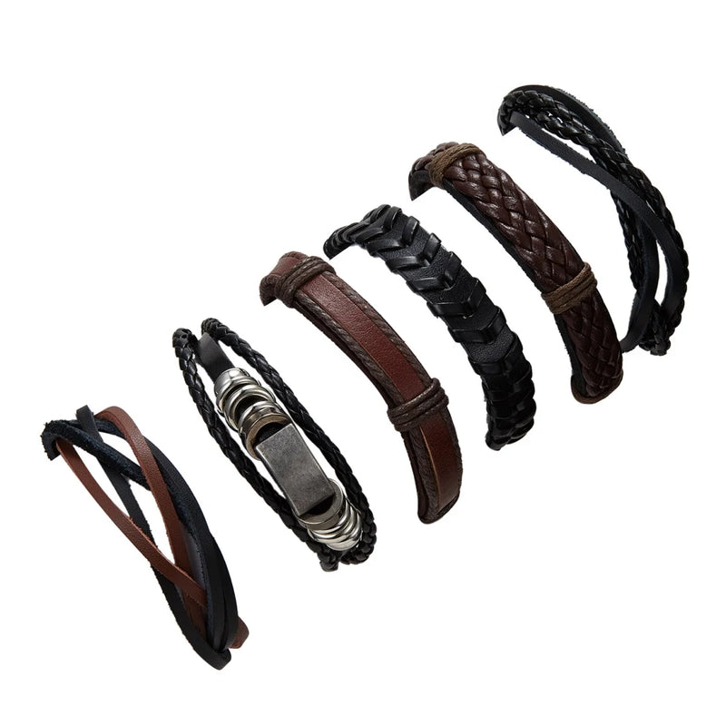 6Pcs/Set Fashion Multilayer Leather Rope Chain Bracelets For Men Women Punk Charm Metal Geometric Black Brown Bangles Jewelry