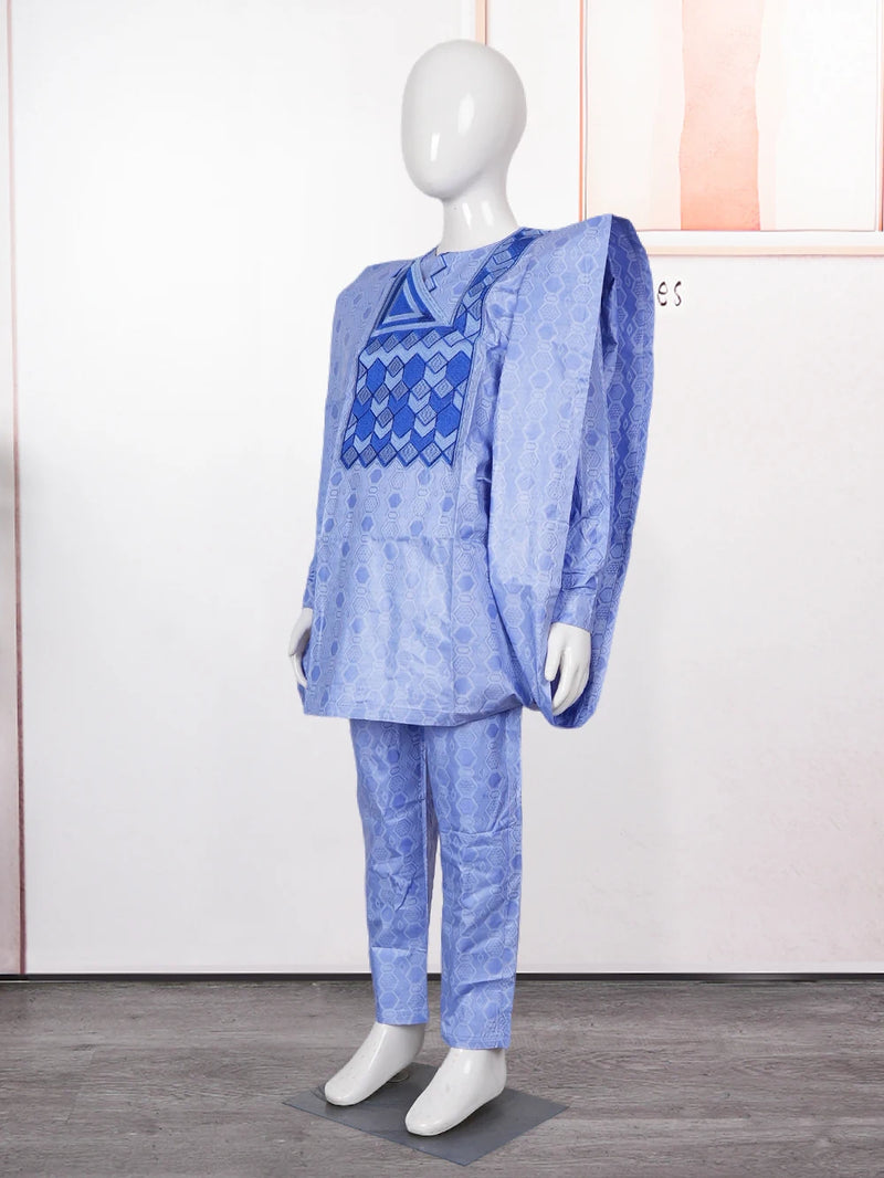 H & d novas roupas de tradição africana para crianças meninos azul manga longa topos bordado dashiki robe camisa calça criança conjunto 3 peças 2024