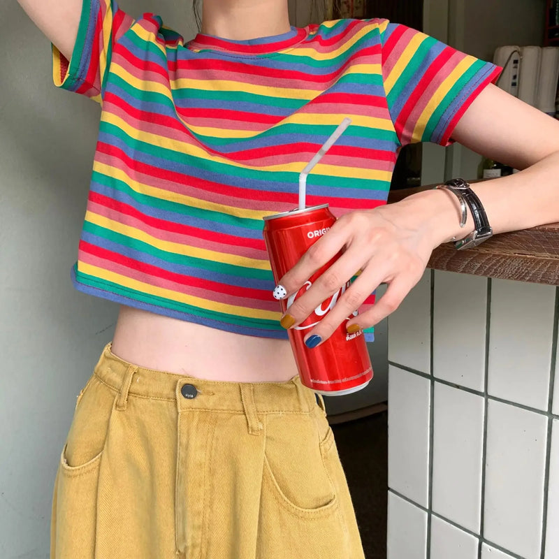 2024 New Summer Cropped Short Sleeve T-Shirt Women's Trendy Loose Fit Rainbow Stripe Crew Neck T-Shirt CECLAW