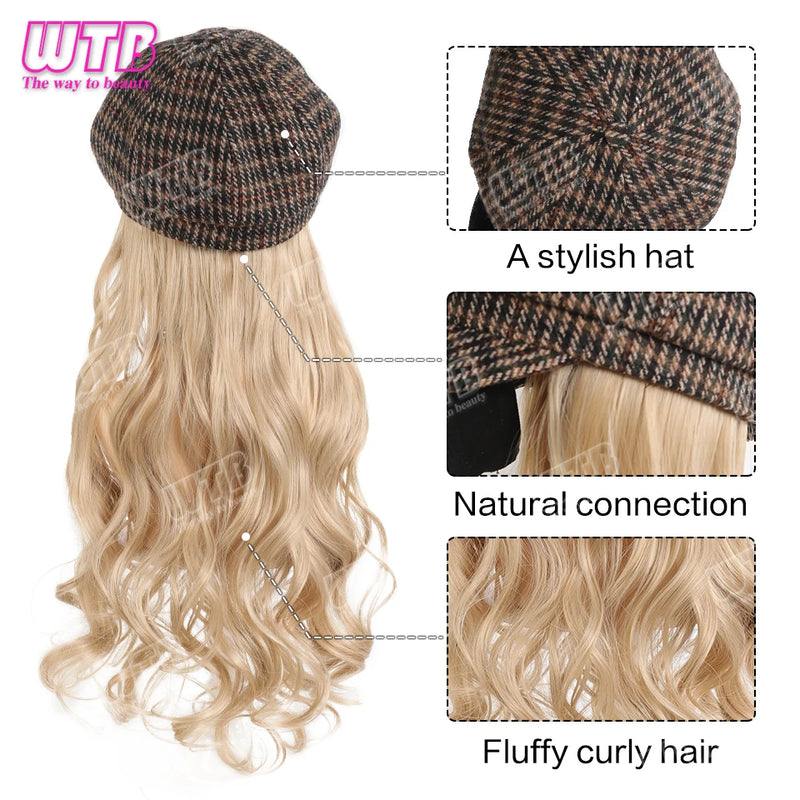 WTB Wavy Curly Hair Hat Wig Long Hair Black/Golden Beret Autumn Winter Hat Chemical Fiber Wig Hair Extensions Hair Accessories