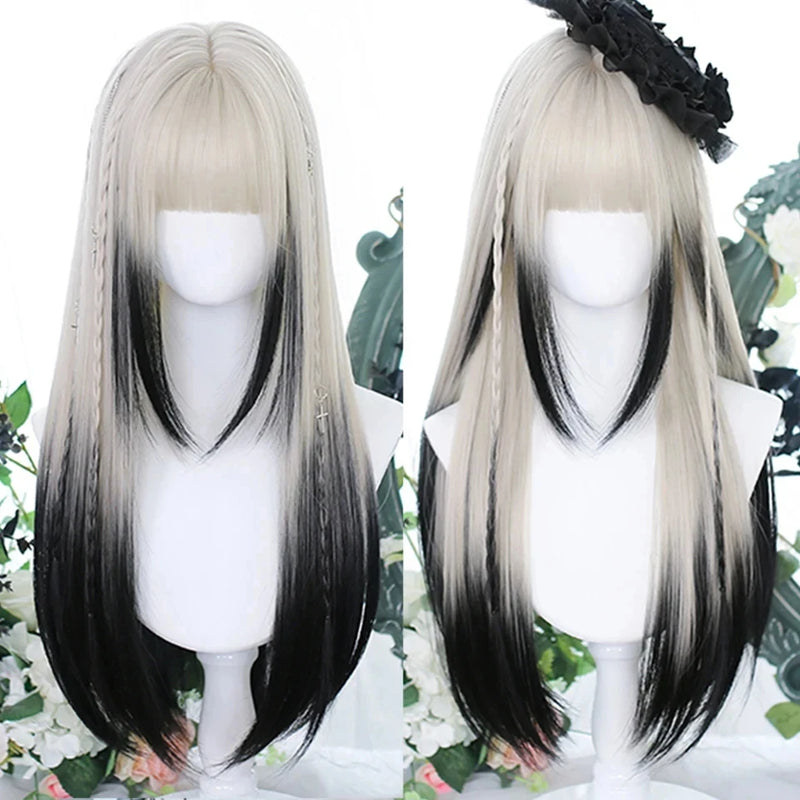 OLACARE  Synthetic Long Straight Lolita Wig with Bang Black Red Two-Tone Cosplay Party Halloween Christmas Wavy Curly Wig