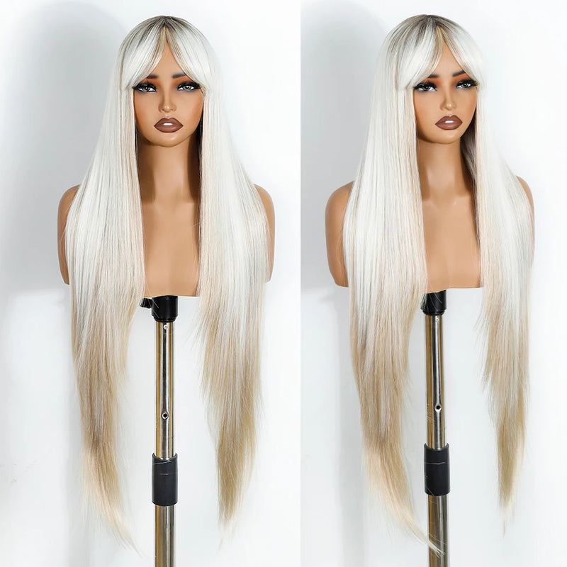 FREEDOM Synthetic Wigs For Women Long Straight Wig With Bangs White Burgundy Ombre Brown Wig Heat Resistant Fiber Cosplay Wigs