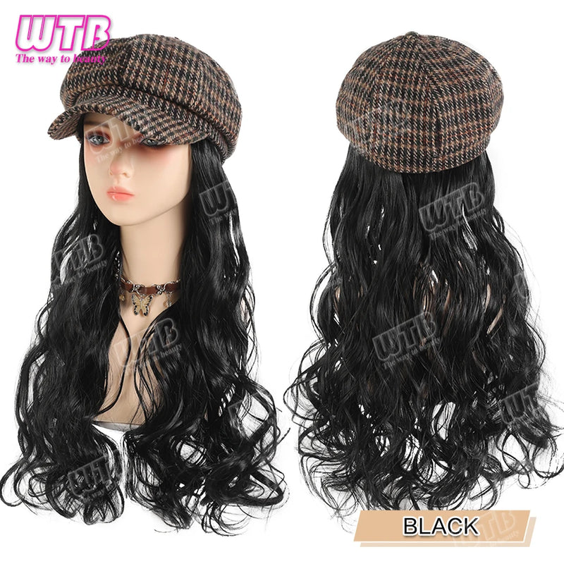 WTB Wavy Curly Hair Hat Wig Long Hair Black/Golden Beret Autumn Winter Hat Chemical Fiber Wig Hair Extensions Hair Accessories