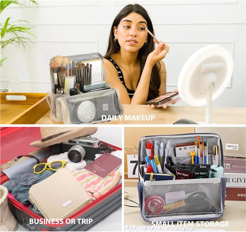 Portable Vertical Cosmetic Bag Double Opening Large Capacity Storage Bag Multi-Purpose Oxford Makeup Pouch with Compartments