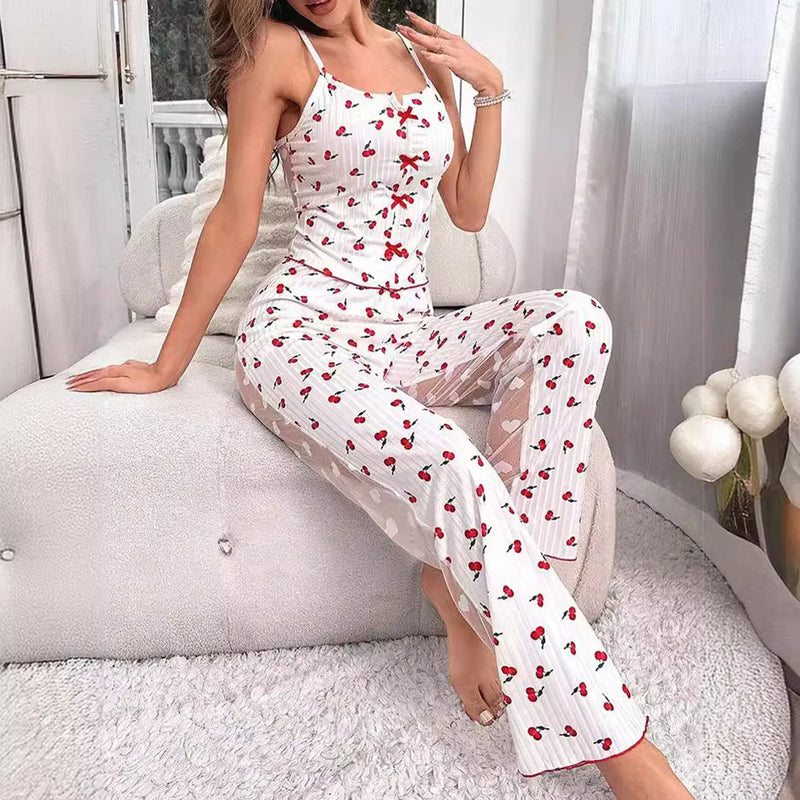 2-Piece Women Sexy Transparent Mesh Lace Set Printed Pants Home Clothes Pajama Female Sexy Comfortable Soft Underwear