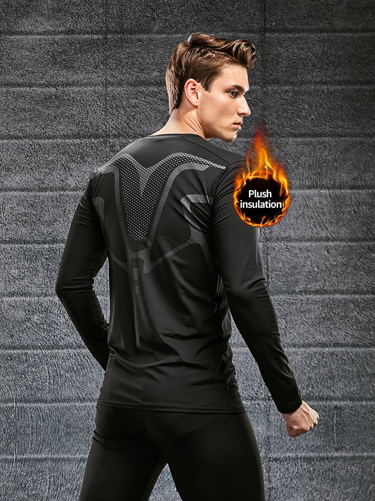 Roupa interior quente para homens, pelúcia e espessamento, à prova de água e sem costura, conjunto esportivo apertado, top outono e inverno