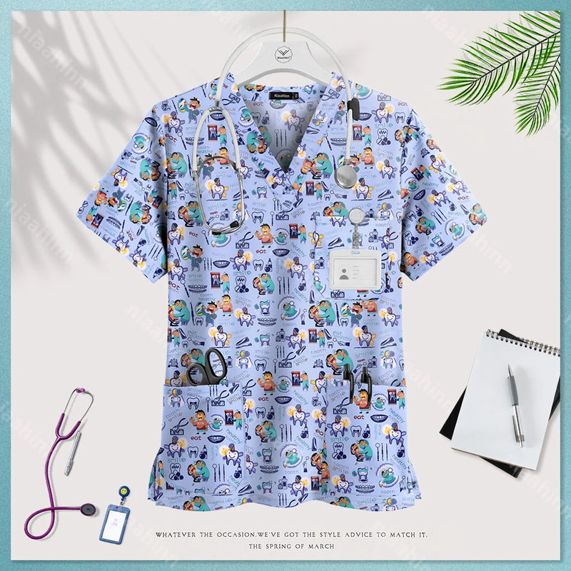 Medical Uniform Tops for Women Medical Print V-Neck Clinical Uniform T-shirts Short Sleeved Pocket Tops Surgical Uniforms Woman