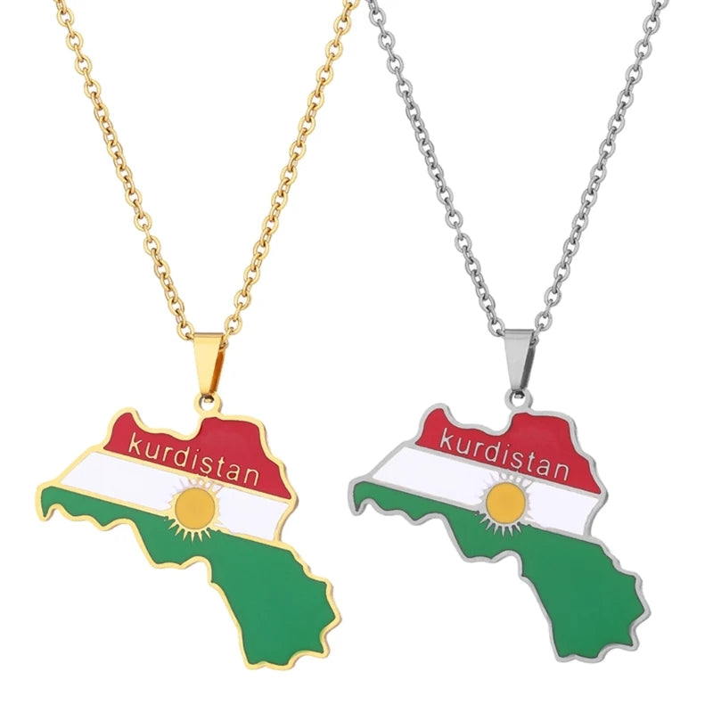 Kurdistan Map Pendant Necklace Dripping Oil Retro Stainless Steel Pendant for Men and Women Ethnic Clavicle Chain Gift