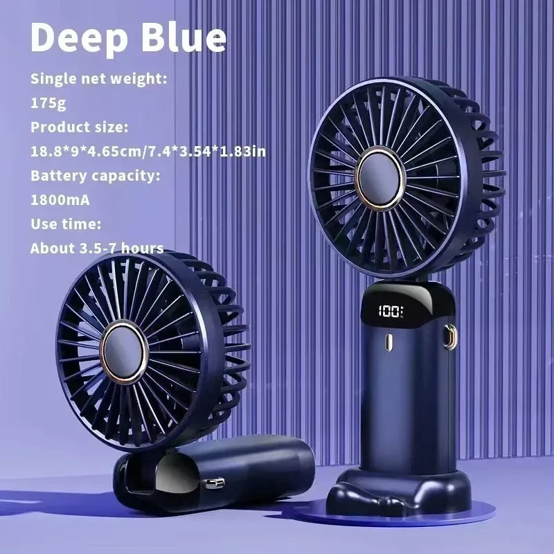USB Rechargeable Handheld Mini Fan Foldable Portable Fan 5 Speed Levels LED Display Dual Battery 360° Adjustable Home Travel Use