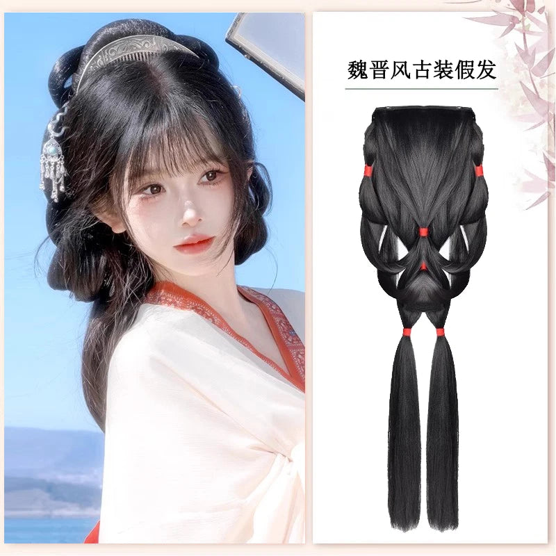 AOSI Synthetic Wei And Jin Style Warring States Robe Hanfu Wig Package Integrated Bun Back Pressed Back Hair Ancient Style
