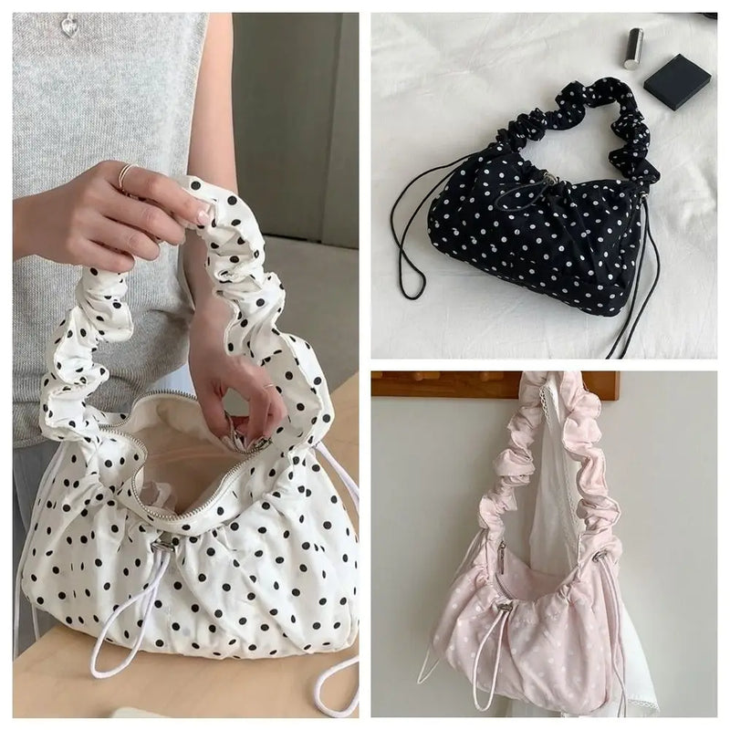 Versatile Polka Dot Underarm Bag Korean Style Large Capacity Drawstring Shoulder Bag Clutch Purse Dumpling Bag