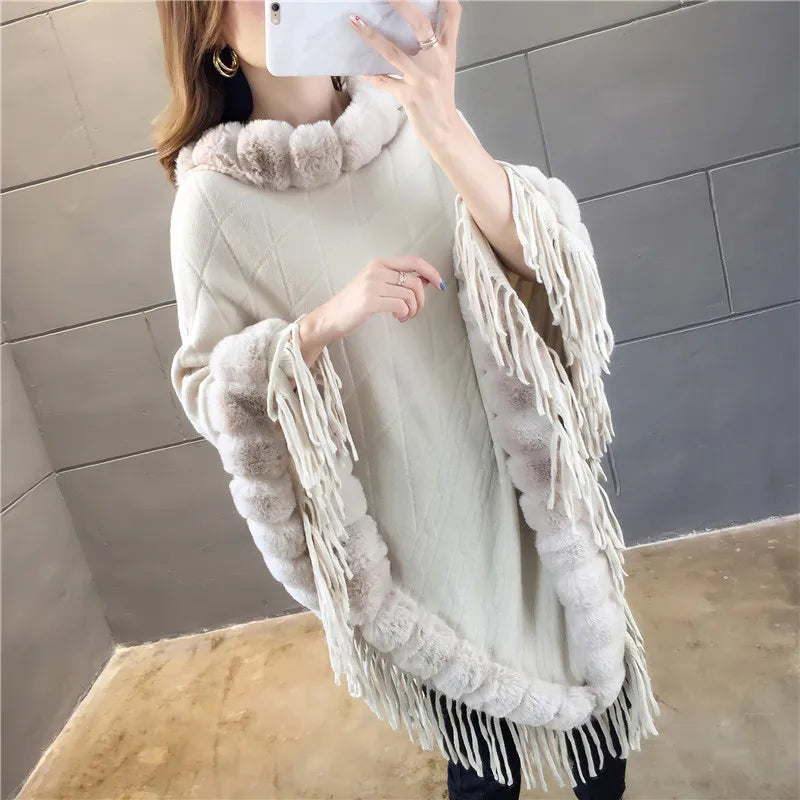 Autumn Winter Imitation Rabbit Fur Women's Coat Imitation Wool Collar Pullover Shawl Warmth Poncho Capes Red Cloaks