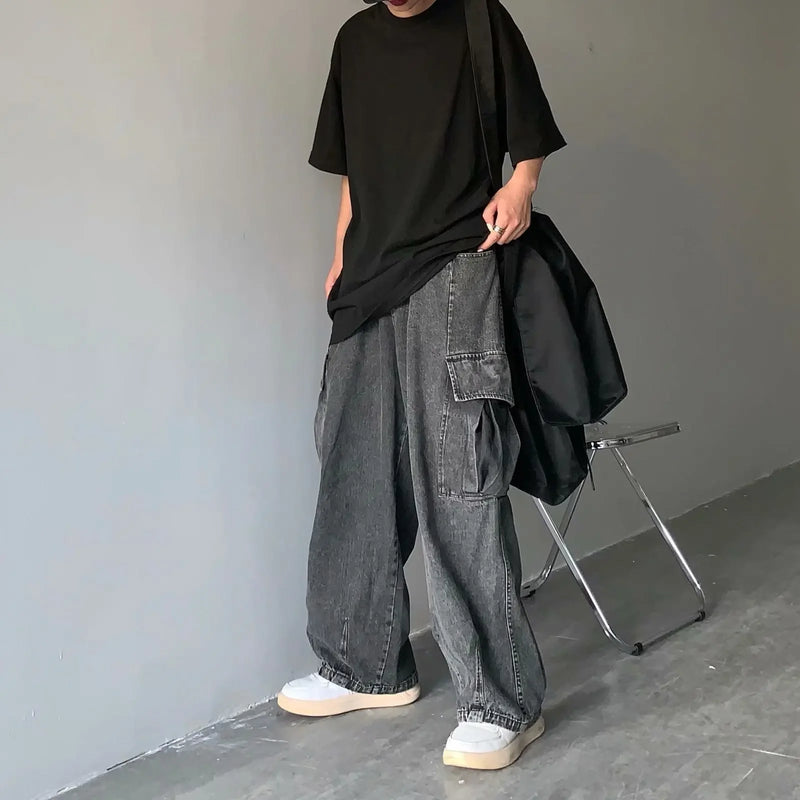 Retro Street Style Men's Jeans Spring Autumn Loose Wide Leg Casual Big Pocket Workwear Denim Washed Dad Pants Male Fashion