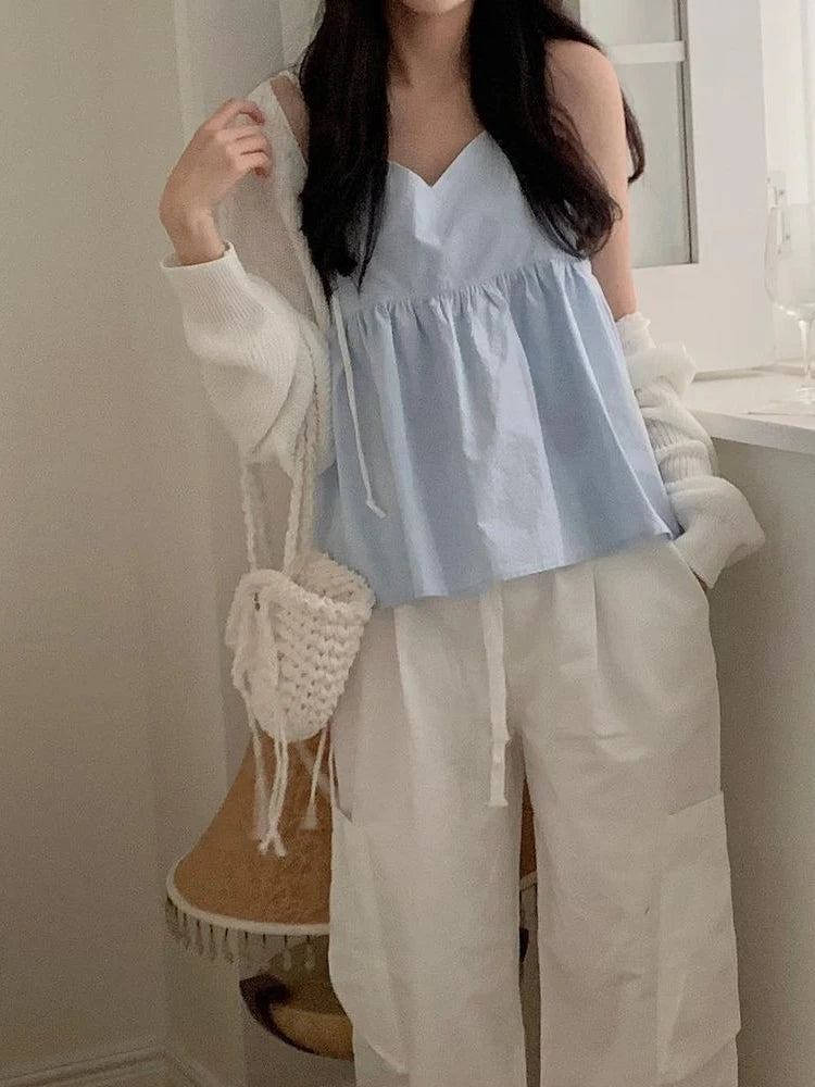 Chic V-Ne Women's Vest 2024 New Summer Inner Wear Folded Strap Top Age-Defng Beautiful ort Pure Color Commute Sle