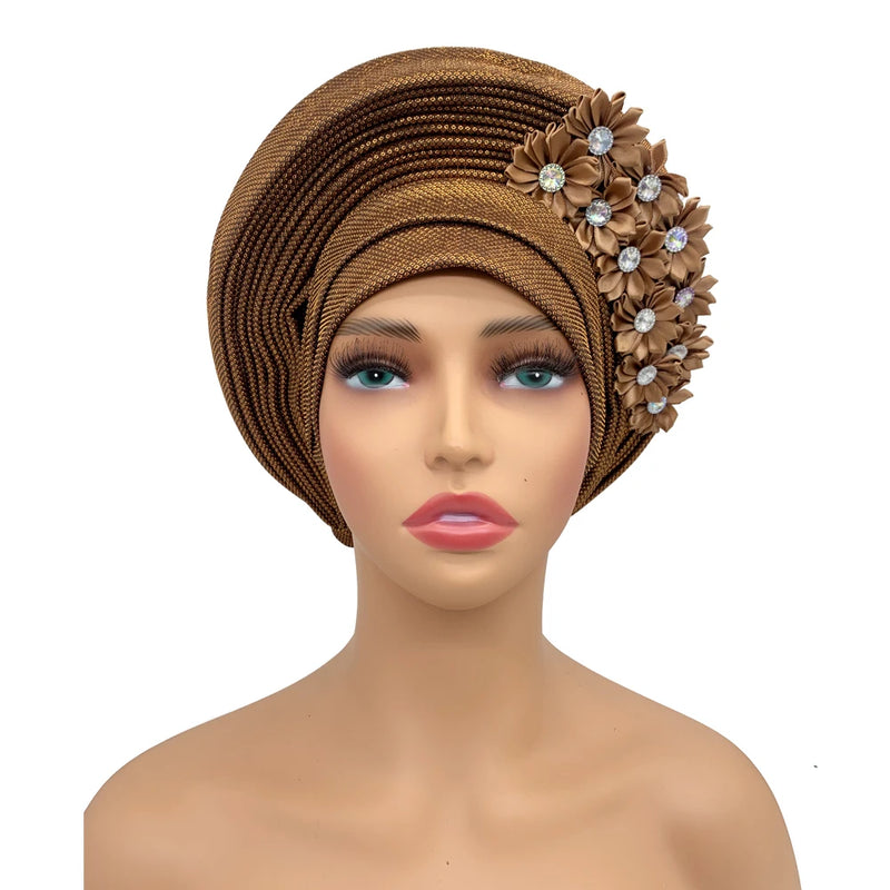 New African Headtie Turban Nigeria Head Ties with Flowers Already Made Auto Gele Women Head Wraps for Wedding Party
