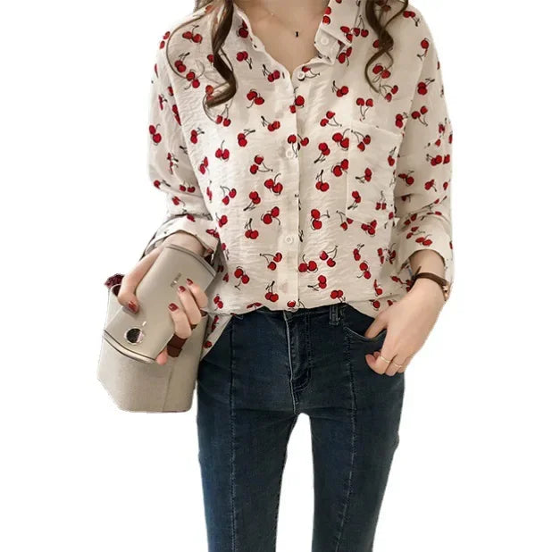 Plus Size Women's Cherry Print Long Sleeve Shirt Loose Fit Base Layer Top For Spring And Autumn 2024 New Style Clothing