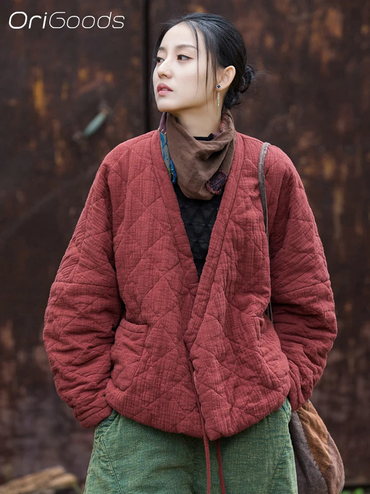 OriGoods Cotton Padded Kimono Jacket Women V-neck Warm Winter Kimono Coat Japanese Style Oversized Quilted Jakcets Woman B280