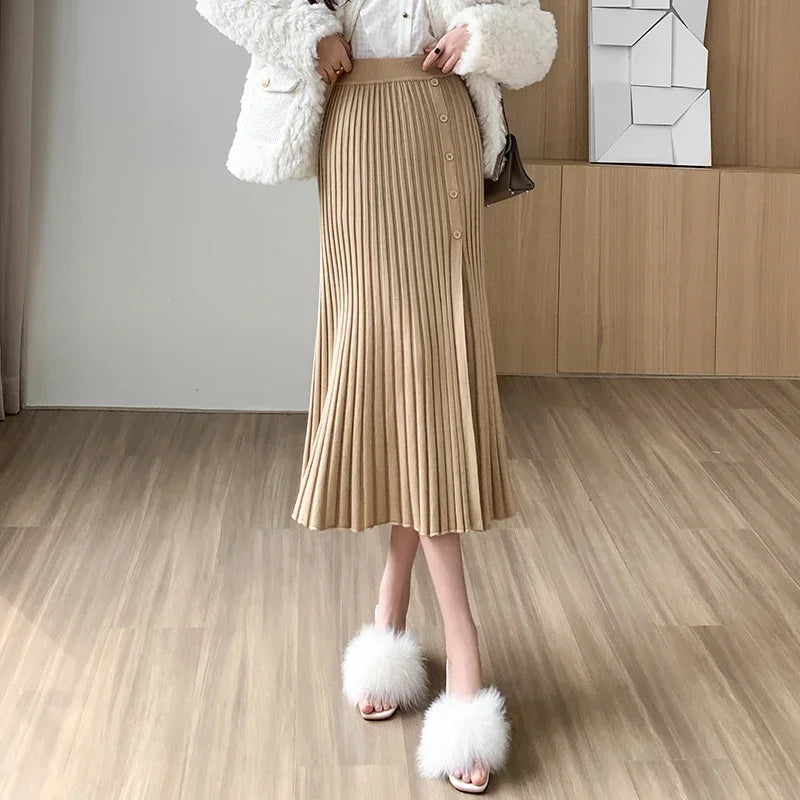 New Fashion Knitted Pleated Skirts Women 2024 Autumn Winter High Waist A Line Faldas Korean Sexy Mid Length White Black Skirt