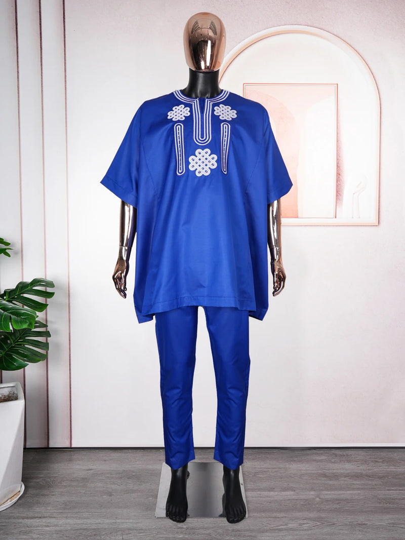 H & d roupas africanas para homens, conjunto de 2 peças, branco, bordado, calças, roupas tradicionais, muçulmano, ramadan, festa, vestido de casamento