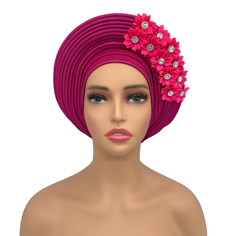 New African Headtie Turban Nigeria Head Ties with Flowers Already Made Auto Gele Women Head Wraps for Wedding Party
