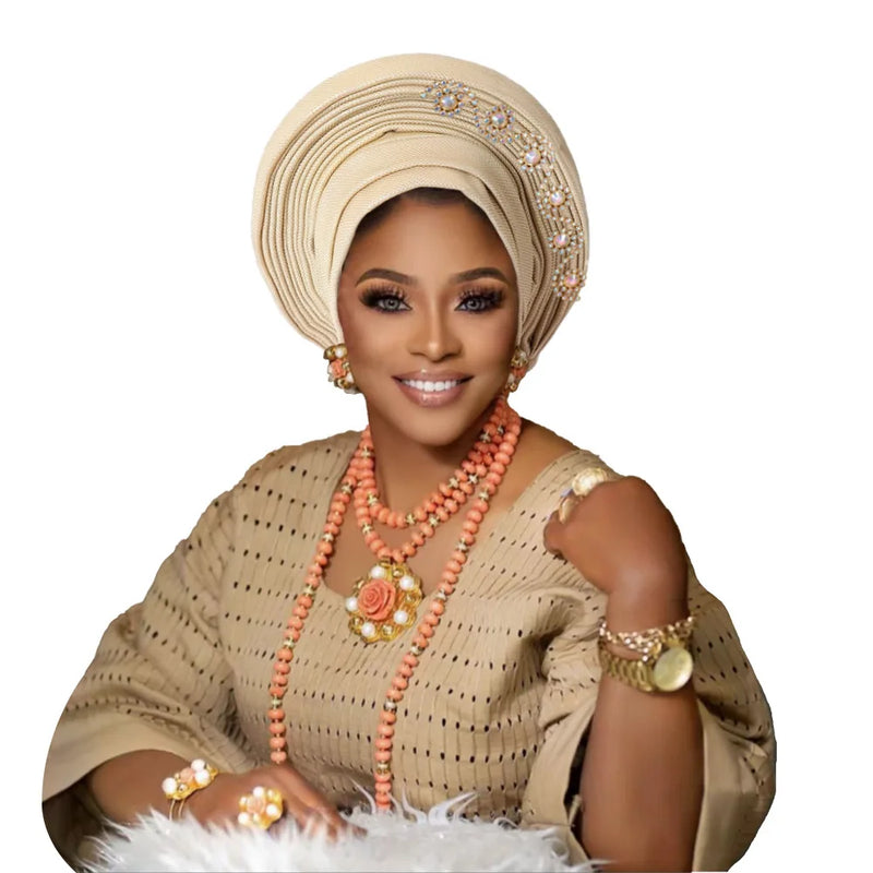 New African Headtie Turban Nigeria Head Ties with Flowers Already Made Auto Gele Women Head Wraps for Wedding Party