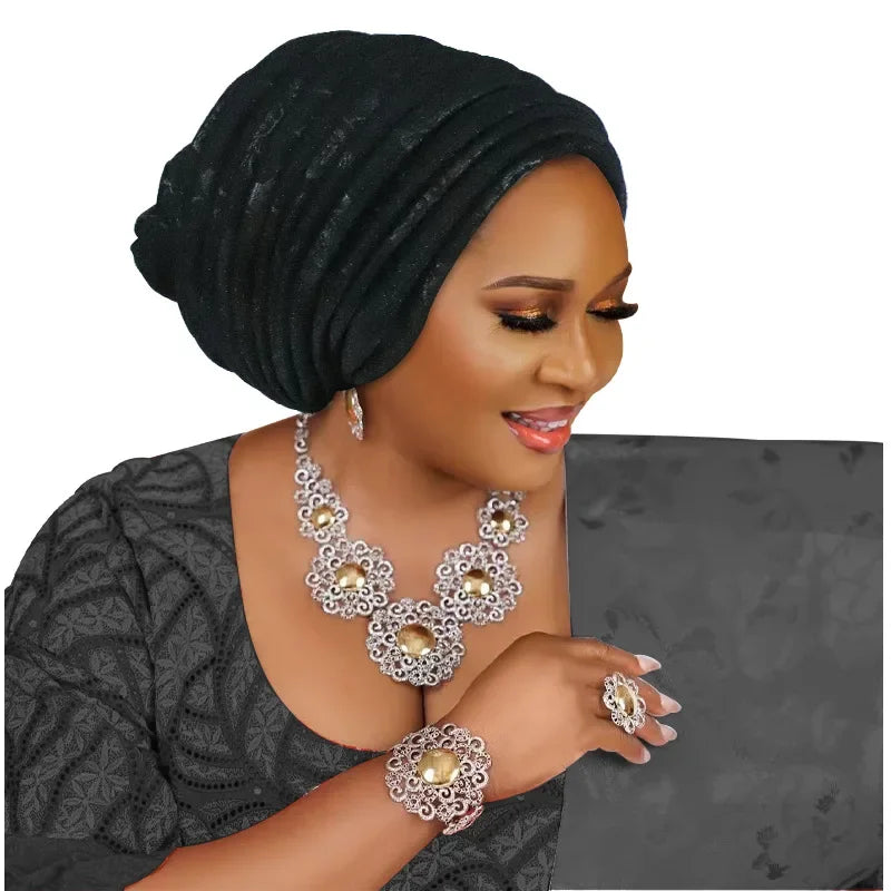 African Lady Headpiece Muslim Headscarf Hat Glitter Fabric Turban Cap for Women Pleated Head Wraps Bonnet