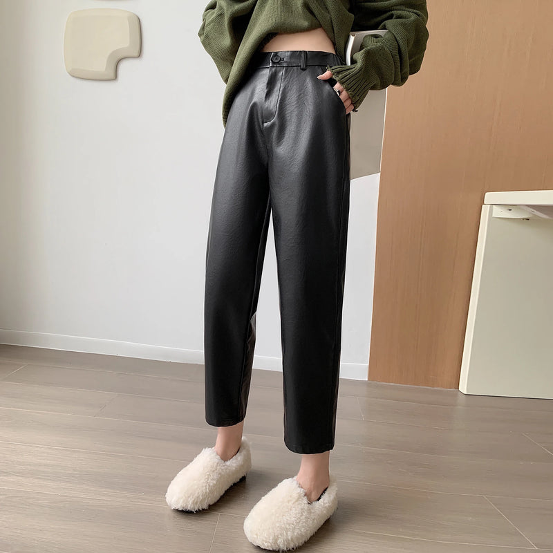 New 2024 Autumn Winter Leather Pants Women Korean Fashion High Elastic Waist Black Color Harem Trousers Female Pantalones