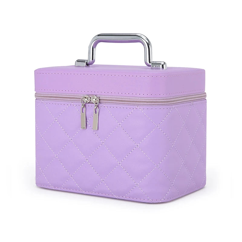 Large Capacity Quilted Makeup Bag Travel Cosmetic Organizer PU Portable Toiletry Storage Handheld Bag