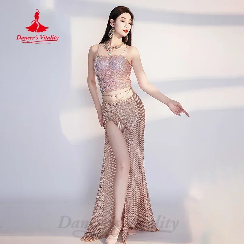 Belly Dance Practice Set for Women Sequin Sleeveless Top+Sexy Split Long Skirt 2pcs Adult Oriental Dance Performance Costumes