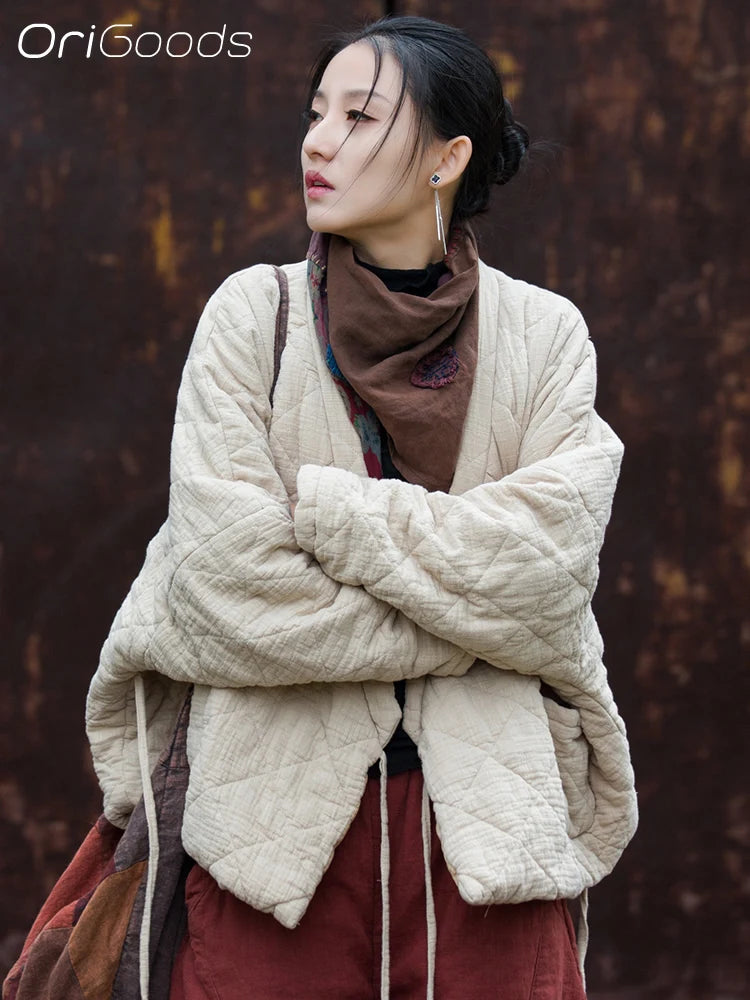OriGoods Cotton Padded Kimono Jacket Women V-neck Warm Winter Kimono Coat Japanese Style Oversized Quilted Jakcets Woman B280