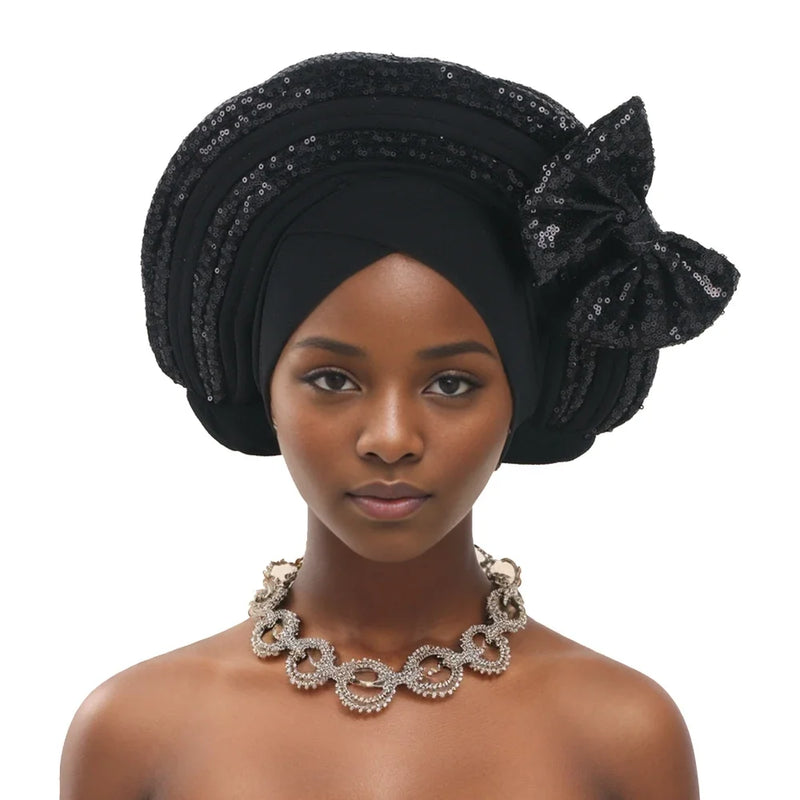 Lantejoulas Bowknot Headtie Africano, Nigeriano Auto Gele Envoltórios Cabeça das Mulheres, Já Feito Boné de Turbante, Casamento Geles Festa Capacete