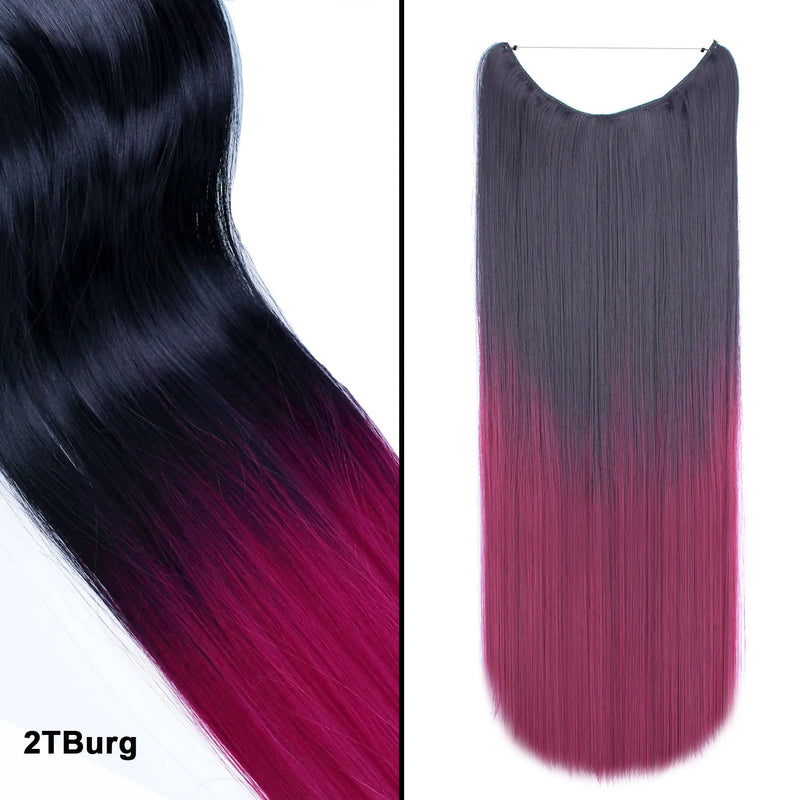 Jeedou One Piece Synthetic Hair Extension No Clips Whit Invisible Line Straight&Wavy Hair Hairpieces Brown Blue Ombre Color