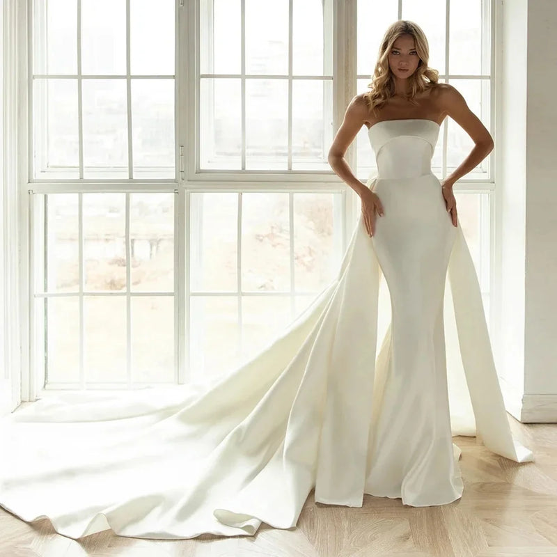 Elegant Ivory Satin Wedding Dresses 2025 Strapless Long Train Bridal Dress Bow Vestido De Noiva Customized Mermaid Wedding Gowns
