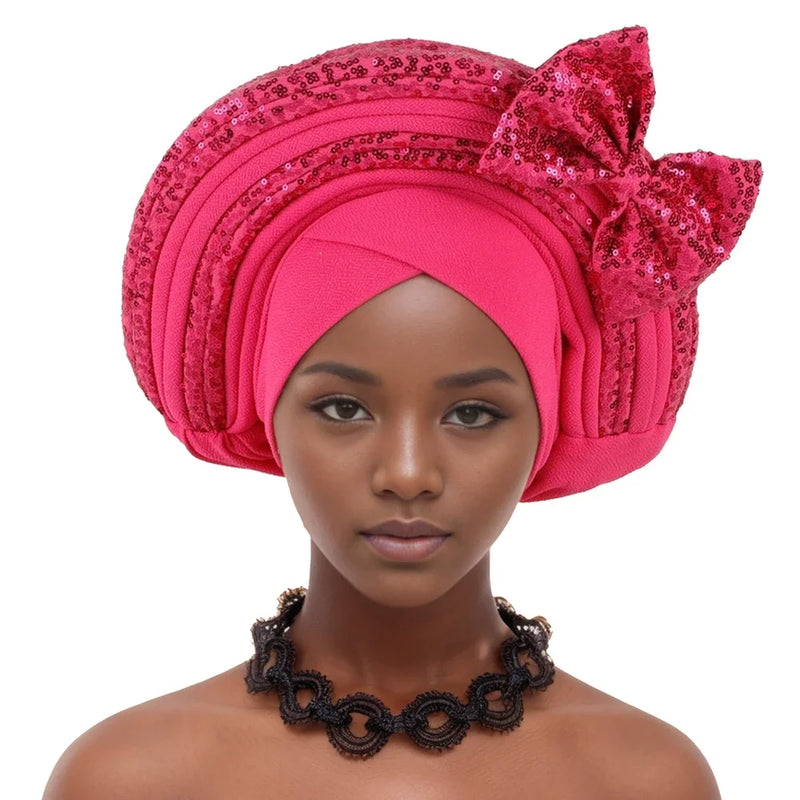Lantejoulas Bowknot Headtie Africano, Nigeriano Auto Gele Envoltórios Cabeça das Mulheres, Já Feito Boné de Turbante, Casamento Geles Festa Capacete