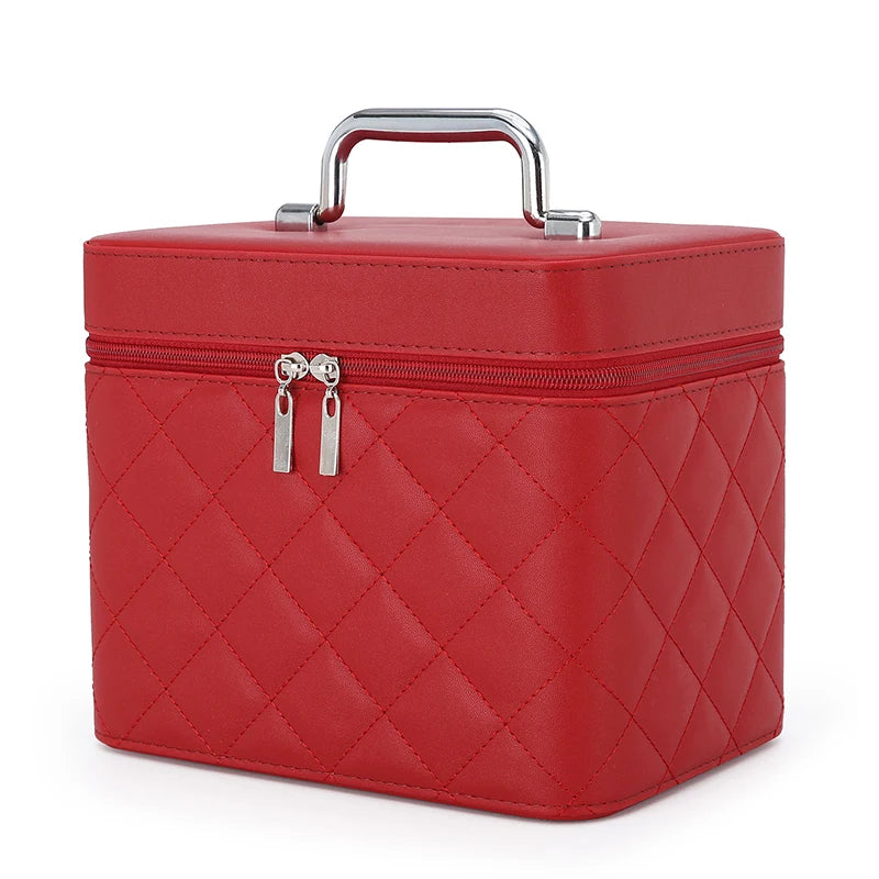 Large Capacity Quilted Makeup Bag Travel Cosmetic Organizer PU Portable Toiletry Storage Handheld Bag