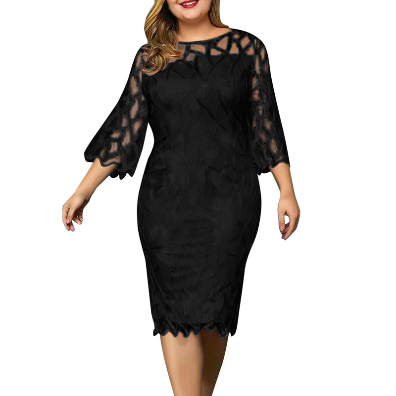 Plus Size Summer Dresses for Women Lace Mesh Spliced Elegant Party Midi Dress Loose 3/4 Sleeve Women's Evening Dress 5XL 6XL