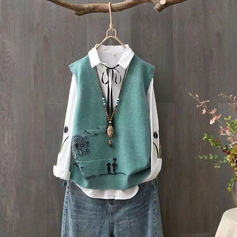 Artistic Knitted Sweater Vest Women's Faionable Yarn Top V-ne Button Detail Regular Length Pure Color Commute Sle