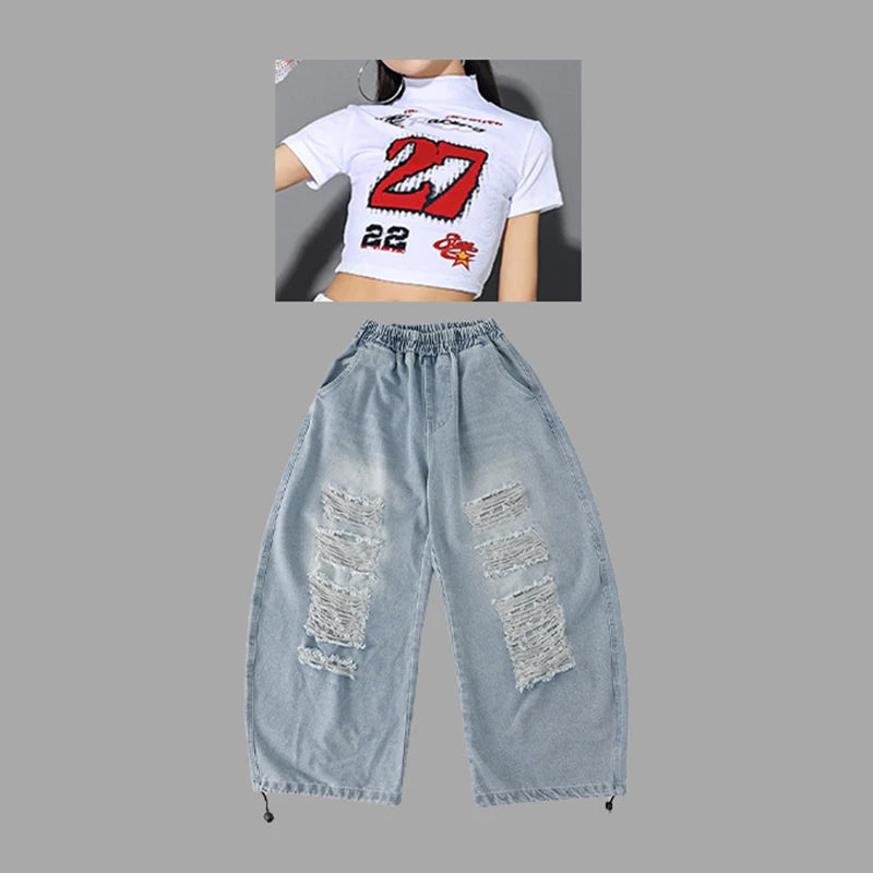 Children Jazz Dance Clothing Girls Kpop Outfit White Crop Top Denim Baggy Pants Fashion Hip Hop Costume Street Dance Wear 2485