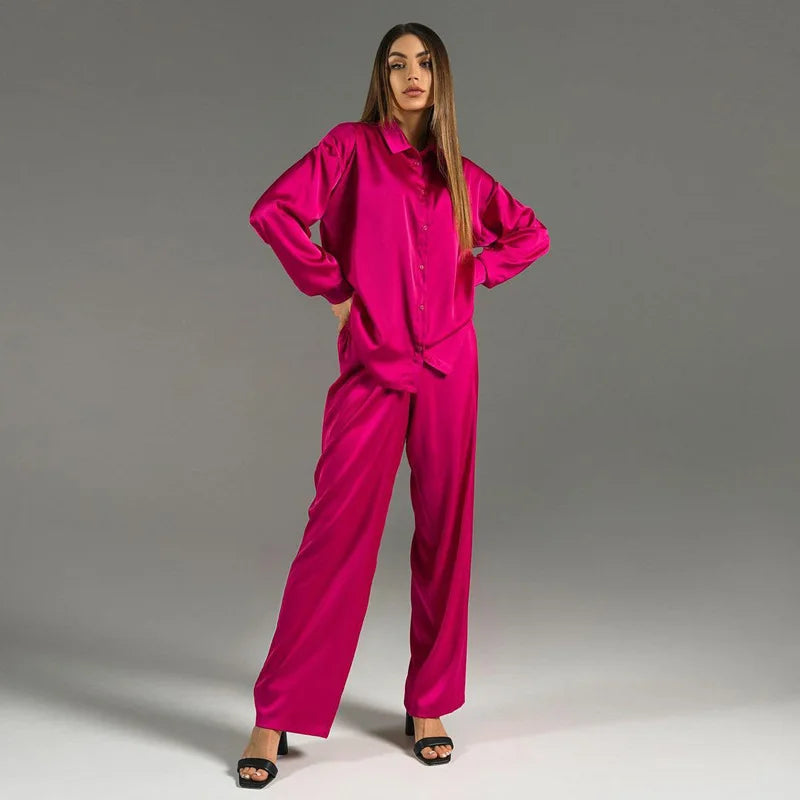 Spring And Summer Lady Long Pants Set Elegant Satin Silk Long Sleeved Loose Shirt Wide Leg Pants Two-piece Set Women Outerwear