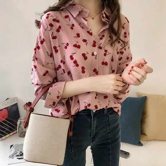 Plus Size Women's Cherry Print Long Sleeve Shirt Loose Fit Base Layer Top For Spring And Autumn 2024 New Style Clothing