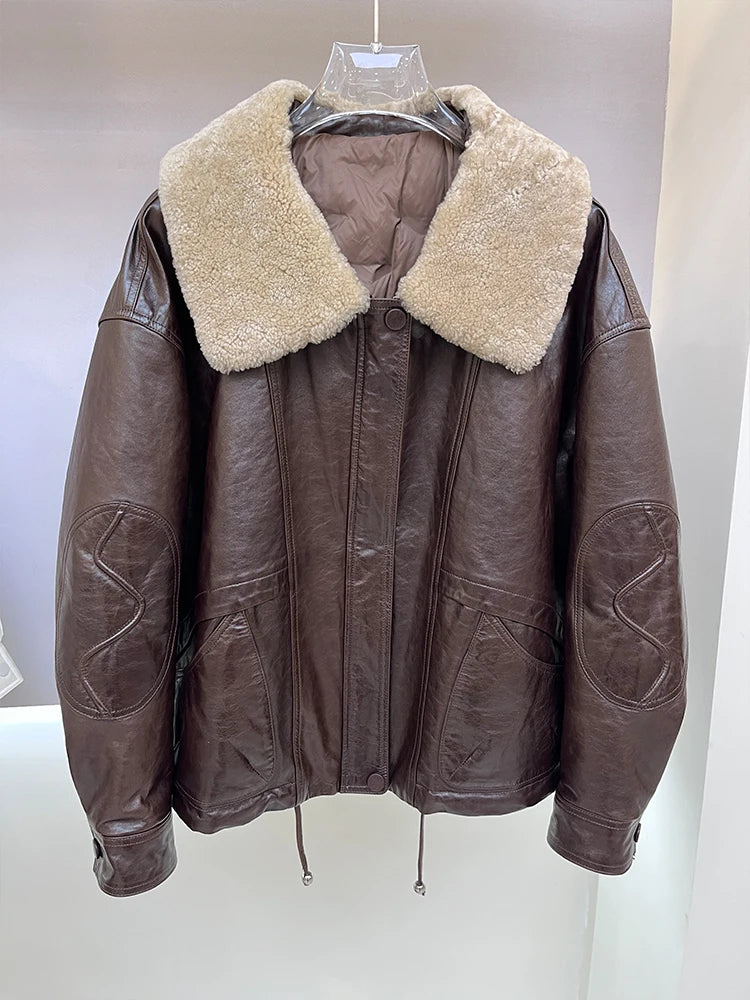 2024 enuine Sheepskin Leather Jacket Natural Merino Sheep Fur Collar Goose Down Jacket Coat Women's Luxury Female Coats