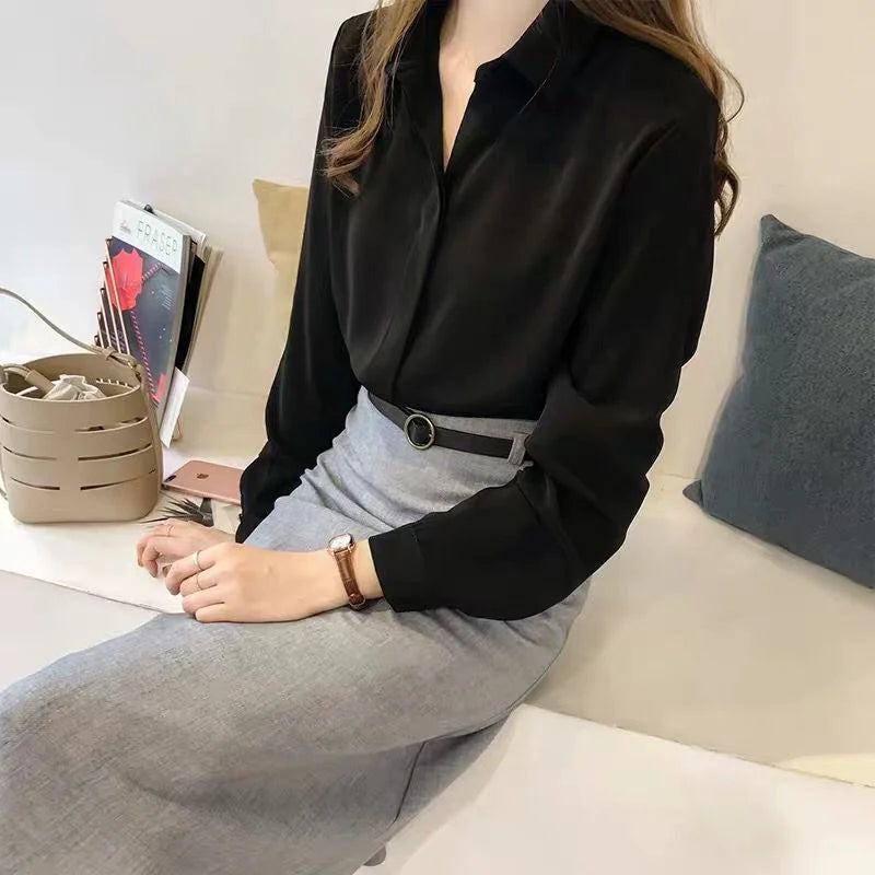 White Chiffon Long Sve irt for Women Cleanfit Sle Office Wear Autumn Faionable Profional Aosphere Six Sve Le...