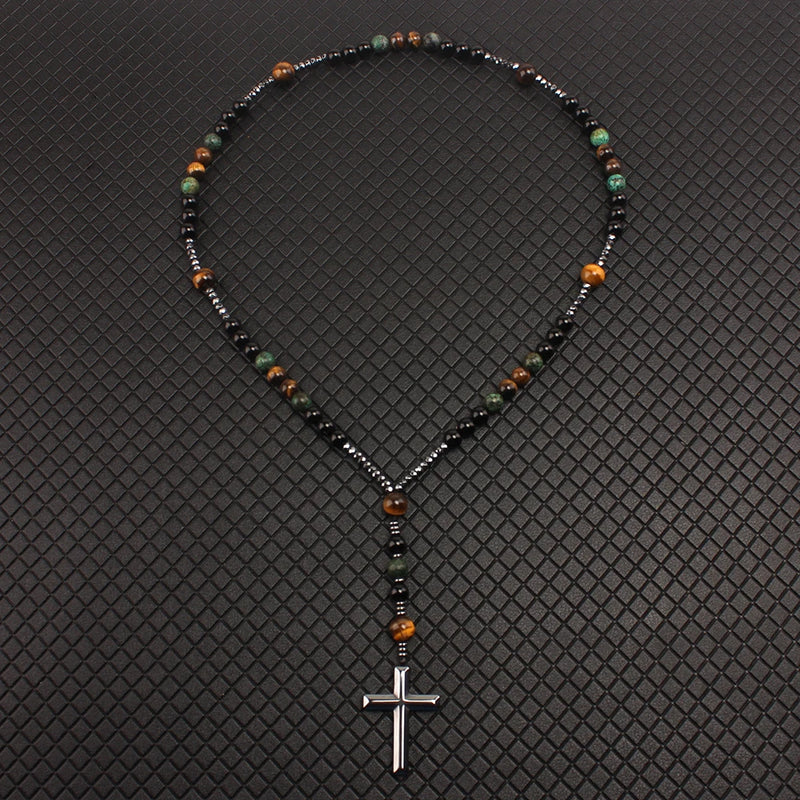 Natural Stone Africa Turquoise and Tiger-eye Beads Cross Pendant Necklace Rosary for Men and Women