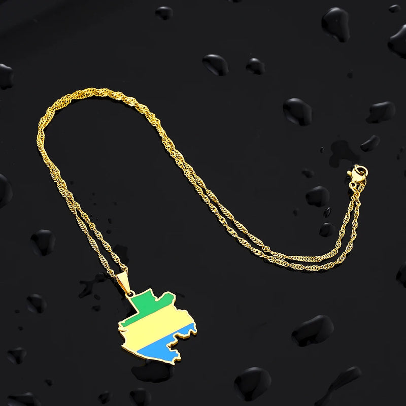 Fashion Enamel Drop Oil Gabon Map Flag Pendant Necklace For Women Stainless Steel Gabonaise Charm Jewelry Patriotic Gift