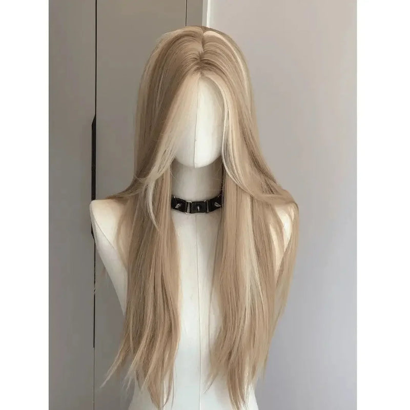 Asian Women's Gradient Highlighted Straight Hair Wig Front Lace American Retro Style Dyeing Chic Golden Brown Middle Part