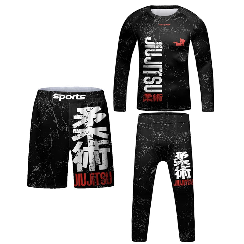 Nova criança jiu jitsu mma rashguard camiseta + calça + shorts 3d bjj gi kickboxing camisas apertadas meninos crianças muay thai boxe roupas esportivas