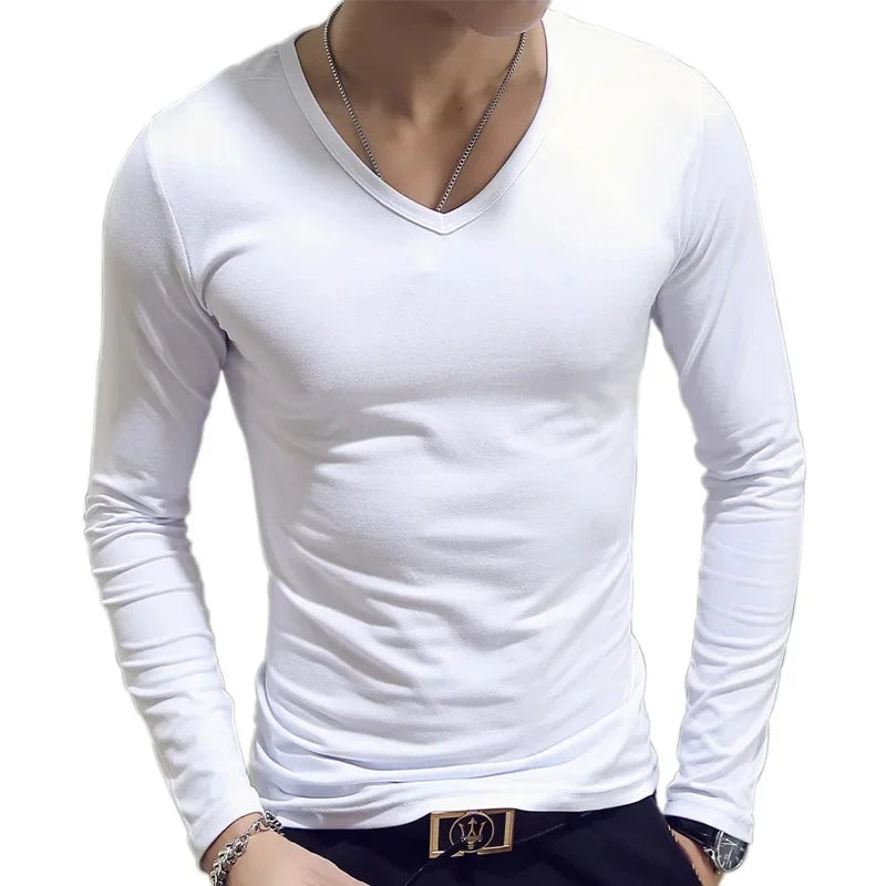 2023 Men's Long Sleeve T-shirts Loose-Fit Solid Color V-Neck Base Layer Top Thin Style Autumn Clothing