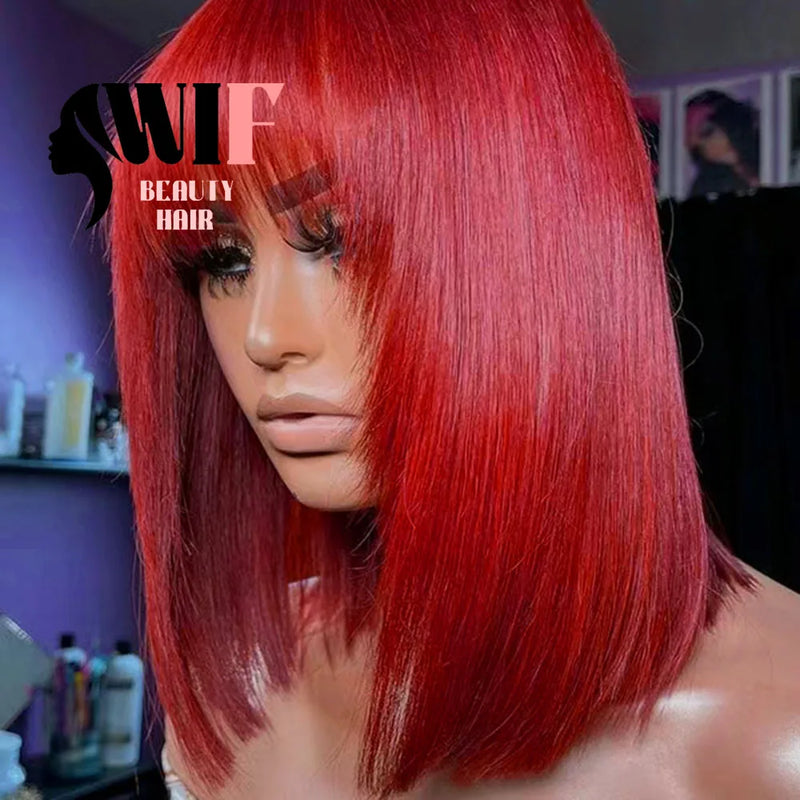 WIF Red Bob Short Straight Hair Synthetic Lace Wig Silk Straight Bob with Bangs Red Hair Lace Front Wigs Cosplay Makeup Use